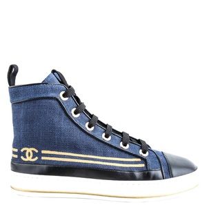 Chanel Navy High Top Sneakers With Gold Stripe